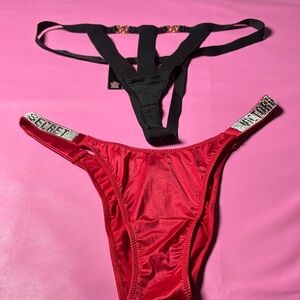 Victoria's Secret Red Satin & Black Strappy Rhinestone Thong Set